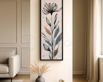 Minimalist botanical flower – tall narrow wall art – ink and watercolor vertical print – digital download