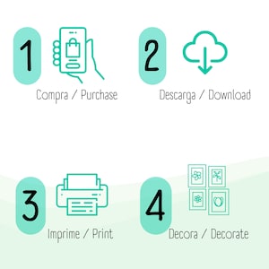 May include: An instructional graphic showing four stages: purchase, download, print, and decorate. Each stage is numbered in a light teal oval, with an icon and text in English and Spanish.