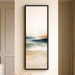 Può includere: Stampa artistica incorniciata verticalmente raffigurante una scena di spiaggia astratta. L'opera utilizza blu, beige e bianchi per evocare le onde e la sabbia. La cornice nera aggiunge un tocco moderno e sereno.