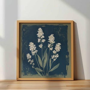Stylized botanical painting featuring slender olive-green leaves and textured white flowers on a dark moody background. Square format digital art with a vintage aesthetic, perfect for modern farmhouse or cottagecore wall decor.