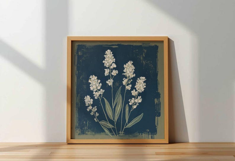 Stylized botanical painting featuring slender olive-green leaves and textured white flowers on a dark moody background. Square format digital art with a vintage aesthetic, perfect for modern farmhouse or cottagecore wall decor.