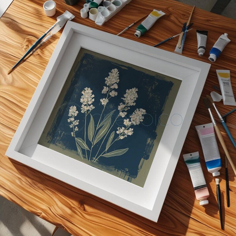Stylized botanical painting featuring slender olive-green leaves and textured white flowers on a dark moody background. Square format digital art with a vintage aesthetic, perfect for modern farmhouse or cottagecore wall decor.
