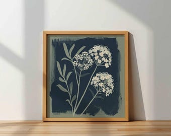 Dark Moody Botanical Wall Art Printable, Square Floral Digital Download, White Wildflower Print, Vintage Nature Decor