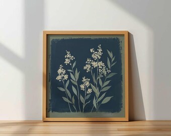 Square Botanical Print, Moody Floral Wall Art, Dark Blue Wildflower Poster, Sage Green Herbarium Art, Digital Download