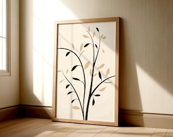 Minimal botanical printable wall art – black & beige leaf design for modern home / office decor