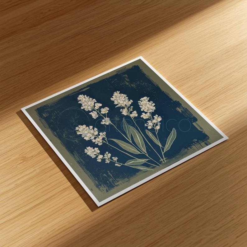 Stylized botanical painting featuring slender olive-green leaves and textured white flowers on a dark moody background. Square format digital art with a vintage aesthetic, perfect for modern farmhouse or cottagecore wall decor.