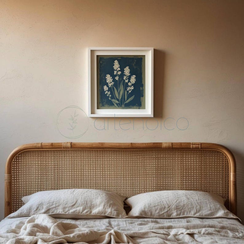 Stylized botanical painting featuring slender olive-green leaves and textured white flowers on a dark moody background. Square format digital art with a vintage aesthetic, perfect for modern farmhouse or cottagecore wall decor.