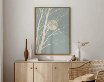 Japanese Wall Art Minimalist Tree Woodblock Print Moon Art Zen Landscape Digital Download