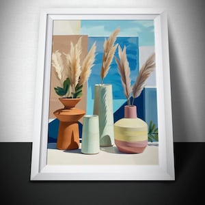 Natureza morta moderna em tons neutros, impressão digital minimalista com vasos e capim-dos-pampas, arte para download em estilo mediterrâneo