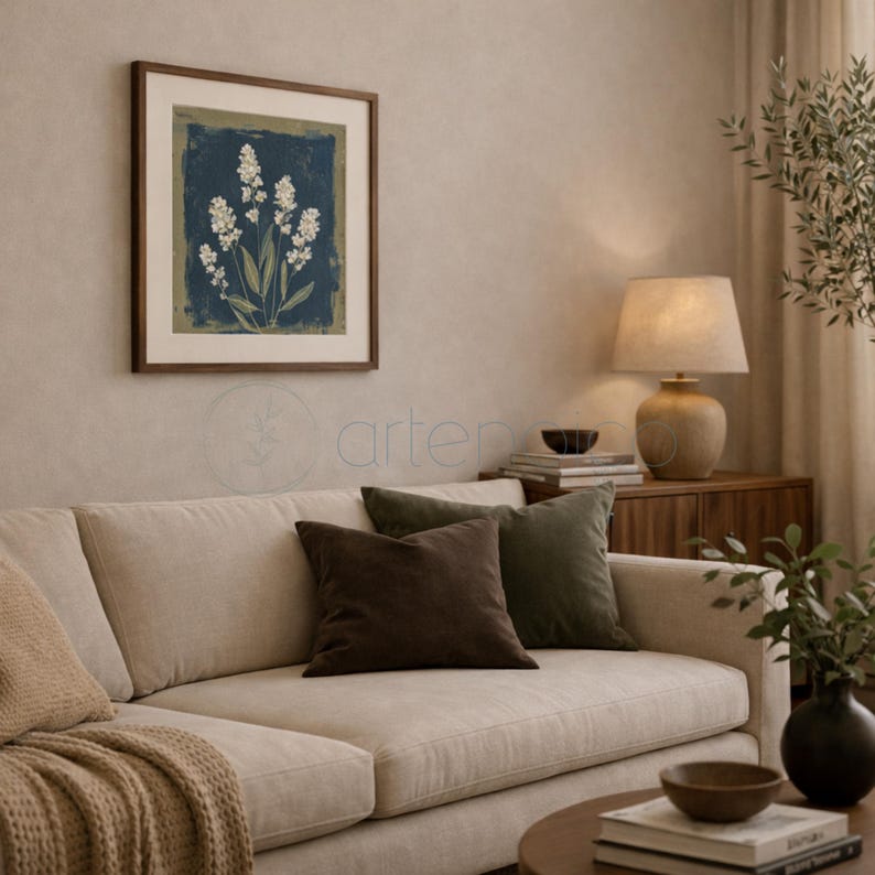 Stylized botanical painting featuring slender olive-green leaves and textured white flowers on a dark moody background. Square format digital art with a vintage aesthetic, perfect for modern farmhouse or cottagecore wall decor.