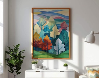 Colorful Forest Wall Art, Abstract Tree Landscape Print, Modern Nature Poster, Digital Download