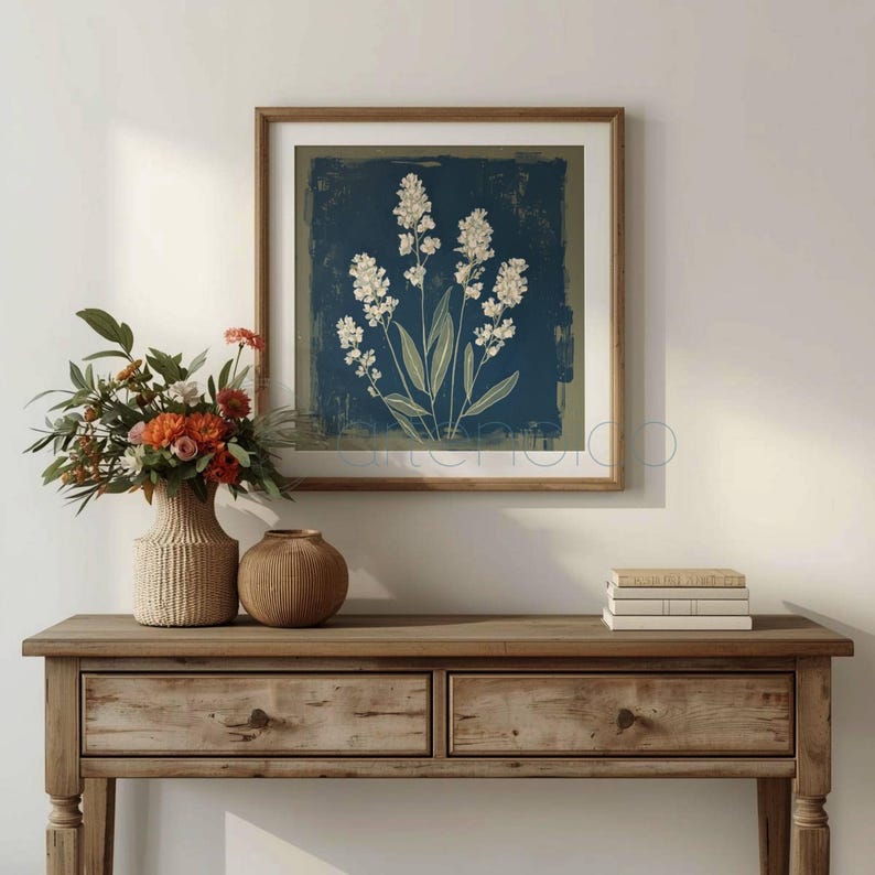Stylized botanical painting featuring slender olive-green leaves and textured white flowers on a dark moody background. Square format digital art with a vintage aesthetic, perfect for modern farmhouse or cottagecore wall decor.