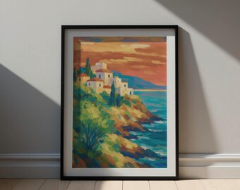 Mediterranean coastal print – warm sunset digital painting – printable wall art for home decor