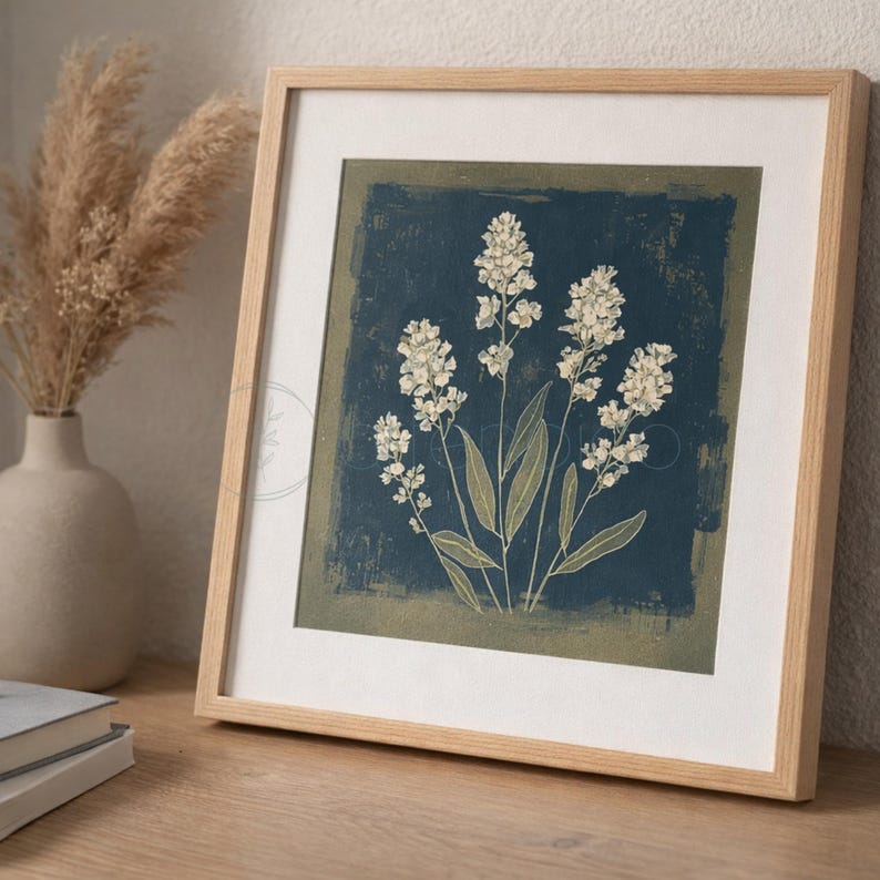 Stylized botanical painting featuring slender olive-green leaves and textured white flowers on a dark moody background. Square format digital art with a vintage aesthetic, perfect for modern farmhouse or cottagecore wall decor.