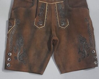 Nuovi pantaloni di pelle bavaresi autentici fatti a mano, pantaloncini Trachten in pelle da uomo genuini dell'Oktoberfest tedesco / pantaloni di pelle Trachten corti marroni