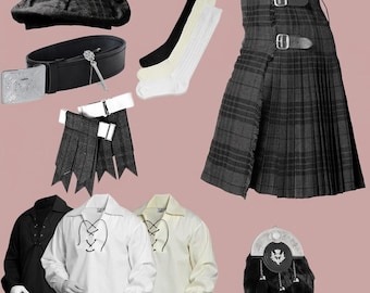 La falda escocesa tradicional masculina es de tartán Grey Watch, y a menudo se vende como parte de un conjunto completo de traje de las Tierras Altas.