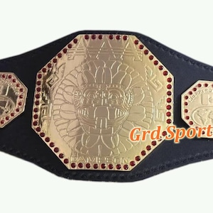 May include: A black leather championship belt featuring a large central gold-colored octagonal plate with an engraved lion head, the text AAA and CAMPEON, and red rhinestones. Two smaller octagonal gold plates flank the center, with Grd Sports text.
