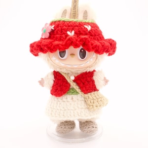 Crochet Labubu Clothes Strawberry Outfit Handmade Clothes for Labubu Finished Product Doll Strawberry Costume Set