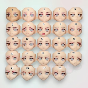 May include: Twenty-four doll faces with painted features, arranged in a grid and numbered 1 to 24. Each face displays different eye and lip makeup, offering a range of expressions and styles. The faces are all a similar skin tone.