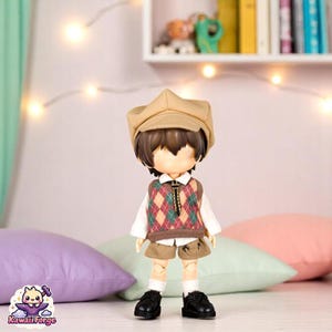 OB11 Boy Doll Clothes British Style Argyle Vest Outfit Set for Nendoroid, Obitsu 11 & BJD Dolls ymy | Shorts + Shirt + Hat