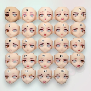 May include: Twenty-four different doll face plates with various expressions, including happy, sad, surprised, and angry. The face plates are made of a smooth, light-coloured plastic.