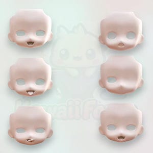 May include: Six blank, light pink doll heads with various facial expressions. Each head has large eye sockets, a small nose, and a mouth. The expressions include open mouths, closed mouths, and tongues sticking out. The background is a soft green and white.