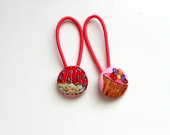 Cupcake Fabric Covered Button Ponytail Holders