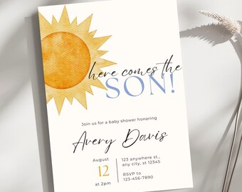 Peut inclure: Une invitation à une fête prénatale avec une illustration aquarelle d'un soleil jaune. Le texte indique "Here comes the SON!" et comprend les détails de l'événement, tels que la date, l'heure et le lieu.