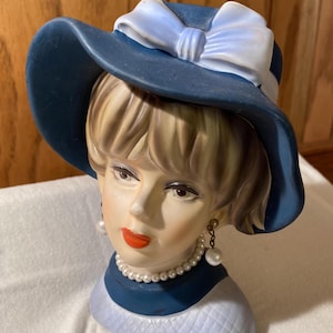 Vintage NAPCO Lady Head Vase with Blue Bonnet and Pearls