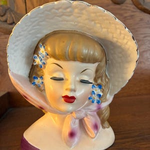 Vintage Lady Head Vase with Bonnet, Scarf, and Flowers