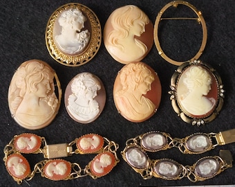 Vintage Cameo Brooch Lot, Elegant Victorian Style Shell, Resin, Porcelain Cameo Pin, Classic Female Portrait Jewelry, Japan -i0609-2