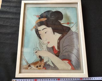 Vintage Ukiyoe Kimono Beautiful Woman Bijinga Reverse painting on glass-e1107-