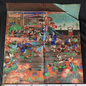 Antieke Japanse houtsnede - Samurai-gevechtsscène met hofdames - Edo/Meiji-periode-g0702