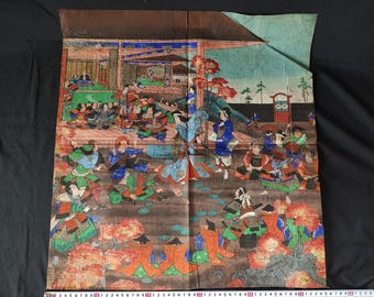 Antique Japanese Woodblock Print - Samurai Battle Scene with Court Ladies - Edo/Meiji Period-g0702