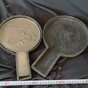 Edo Period Bronze Mirror with Family Crest & Geometric Pattern, Antique Japan-h0731-4