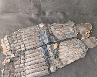 Antique Japanese Samurai Armor Kote Arm Guards Pair Edo Period Iron Splints Chain Mail Blue Brocade Lining Rosette Fittings Japan i1008-2