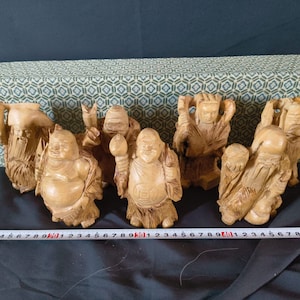 Vintage Japanese Seven Lucky Gods Wooden Figurine Set | Shichifukujin Hand Carved Statues | Feng Shui Decor | Japan Folk Art-h0731-1