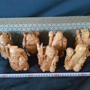 Vintage Japanese Seven Lucky Gods Wooden Figurine Set | Shichifukujin Hand Carved Statues | Feng Shui Decor | Japan Folk Art-h0731-2
