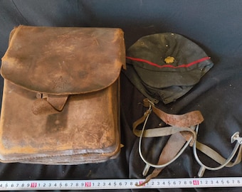 WWII Japanese Military Imperial Soldier&#39;s Leather bag, cap and stirrup set-h0111