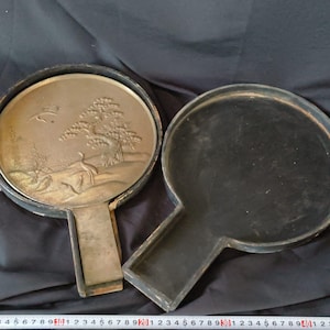 Edo Period Bronze Mirror with Family Crest & Geometric Pattern, Antique Japan-h0731-2