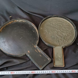 Edo Period Bronze Mirror with Family Crest & Geometric Pattern, Antique Japan-h0731-3