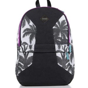 May include: Black backpack featuring a palm tree design in white and grey. The bag has a black top and bottom, with a purple zip and teal zip pulls. A small logo is centred on the front.