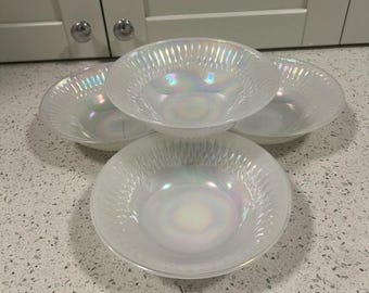 Vintage FEDERAL Iridescent Moon Glow Milk Glass Bowls Set of 4 White Pearl
