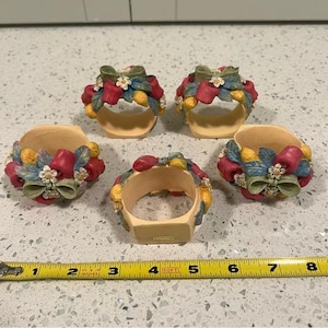 VINTAGE Ceramic Napkin Rings | Bouquet Flowers with Bows Design | Set of 5