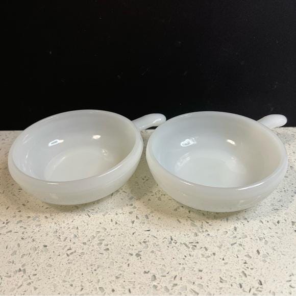 GLASBAKE Set of Two White Milk Glass 11 oz Soup Bowls w/ Handles | J 2663