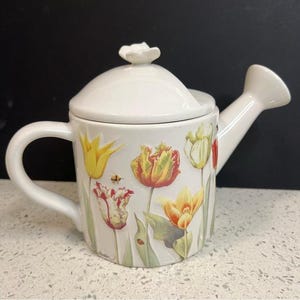 HALLMARK Nature&#39;s Sketchbook Flowering Watering Can Teapot | Ladybug on Spout and Butterfly on Handle | Signed by artist, Marjolein Bastin