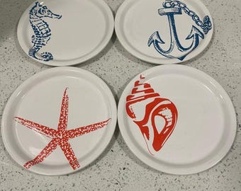 Vintage 1980s AVON Nautical / Beach Themed Ceramic 8&quot; Plates Set of 4
