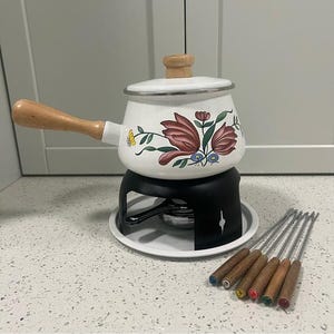 Vintage 1970s CHEF MATES Floral Enamelware Fondue Set | Original Box | Taiwan