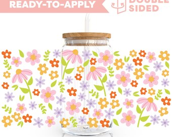 Vinilo adhesivo UV de doble cara para vasos / Vinilo adhesivo para vasos con diseño de ramo de flores primaverales de 473 ml / Listo para aplicar / Resistente al agua / No requiere calor, listo para enviar