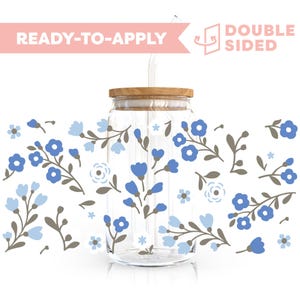 Double Sided UV DTF Cup Wrap | Blue Spring Flower Bouquet 16oz Cup Wrap | Ready To Apply Cup Wrap, Waterproof, No Heat Needed, Ready To Ship